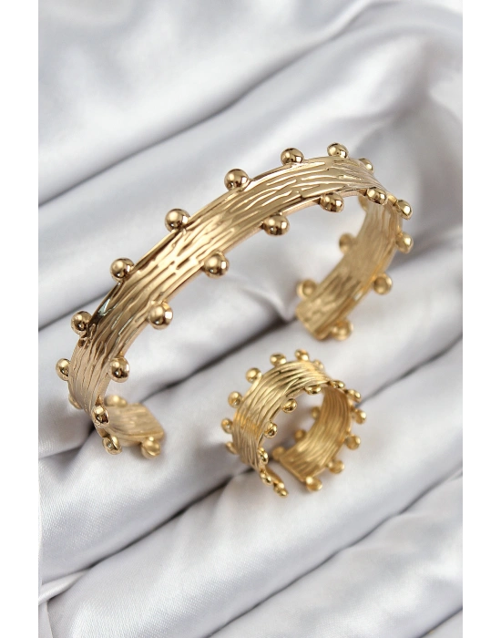 Pirinç Topcuk Model Gold Renk Bileklik Yüzük Set