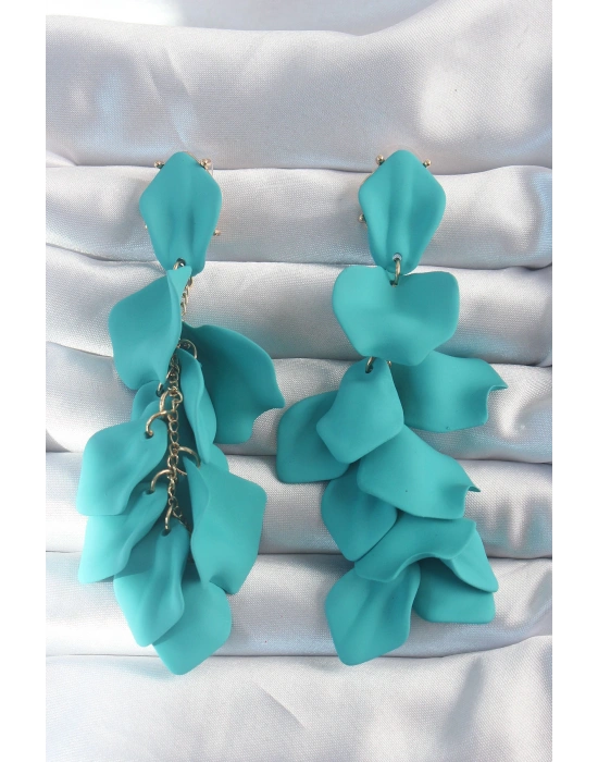 Pirinç Turkuaz Renk Sallantılı Yaprak Model Küpe