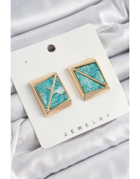 Pirinç Turkuaz Üçgen Kesim Detaylı Kare Model Vintage Gold Renk Kadın Küpe