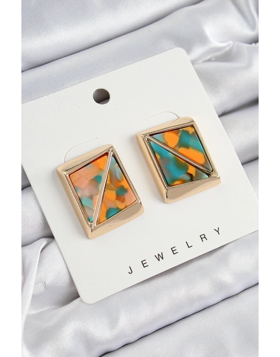 Pirinç  Turuncu Yeşil Üçgen Kesim Detaylı Kare Model Vintage Gold Renk Kadın Küpe