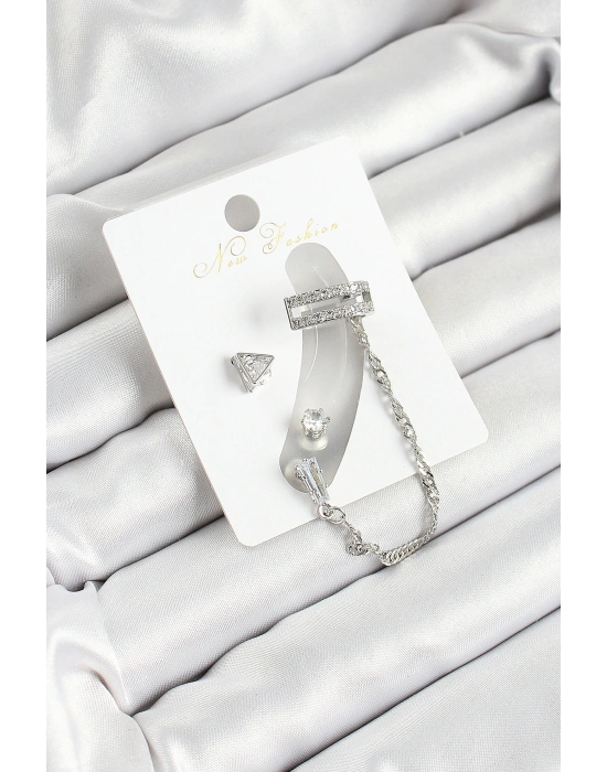 Pirinç Üçgen Figürlü Zirkon Taşlı Gümüş Renk 3lü Kıkırdak Kadın Küpe Set