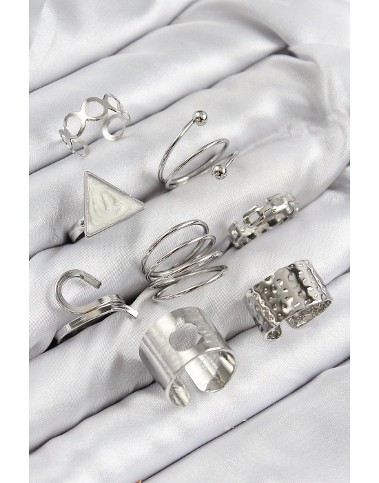 Pirinç Üçgen Model Gümüş Renk Kadın Yüzük Kombin Set