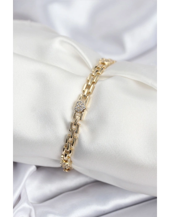 Pirinç VIP Seri Gold Renk Zincir Model Kalpli Zirkon Taşlı Kadın Bileklik