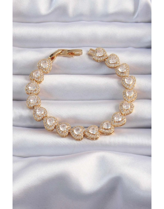 Pirinç Vip Seri Gold Renk Zirkon Taşlı Kalp Model Bileklik