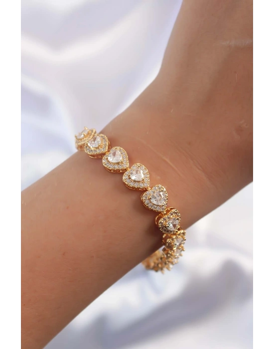 Pirinç Vip Seri Gold Renk Zirkon Taşlı Kalp Model Bileklik