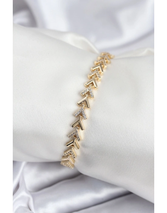 Pirinç VIP Seri Gold Zirkon Taşlı Balık Sırtı Model Kadın Bileklik