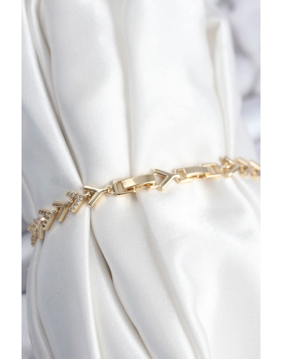 Pirinç VIP Seri Gold Zirkon Taşlı Balık Sırtı Model Kadın Bileklik