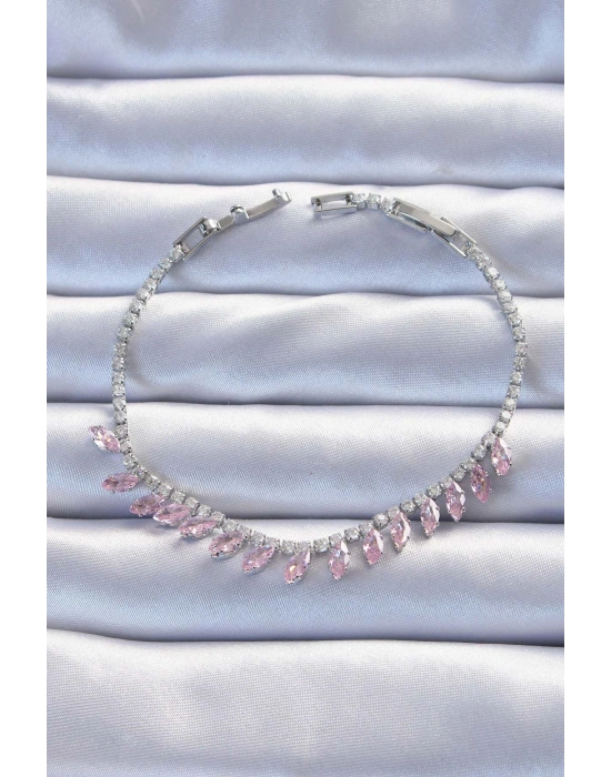 Pirinç Vip Seri Gümüş Renk Pembe Zirkon Taşlı Bileklik