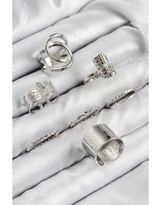 Pirinç Yaprak Model Gümüş Renk Kadın Yüzük Kombin Set