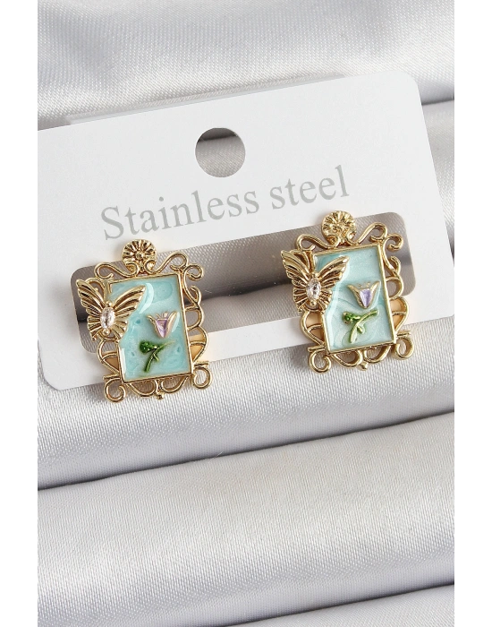 Pirinç Yeşil Mineli Sanatsal Portre Model Gold Renk Kadın Küpe