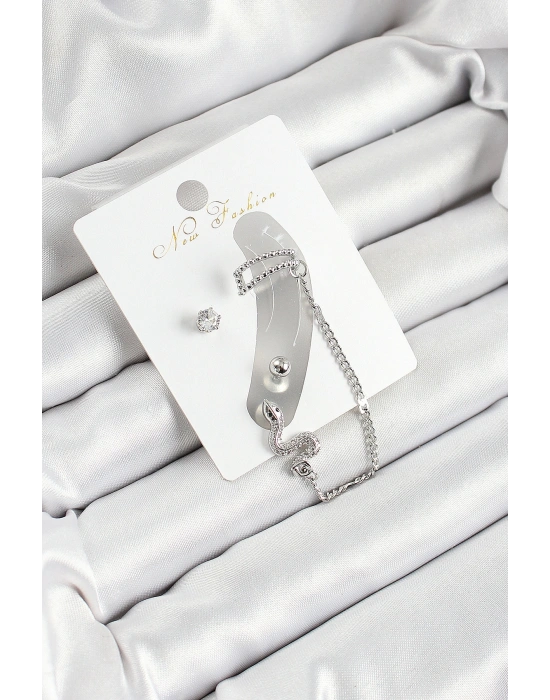 Pirinç Yılan Figürlü Zirkon Taşlı Gümüş Renk 3lü Kıkırdak Kadın Küpe Set