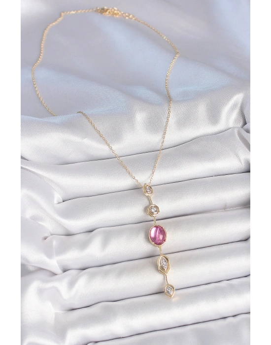 Pirinç Zincir Gold Renk Pembe Zirkon Taşlı Y Kolye
