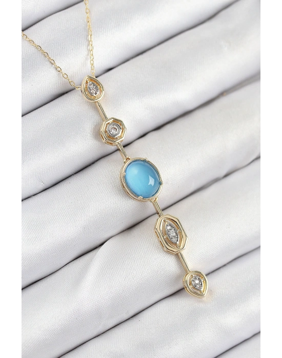 Pirinç Zincir Mavi Gold Renk Zirkon Taşlı Y Kolye