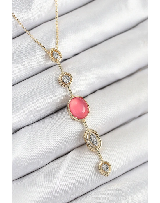 Pirinç Zincir Pembe Gold Renk Zirkon Taşlı Y Kolye