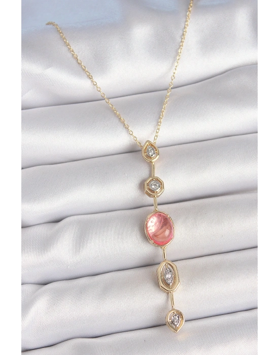 Pirinç Zincir Pembe Gold Renk Zirkon Taşlı Y Kolye