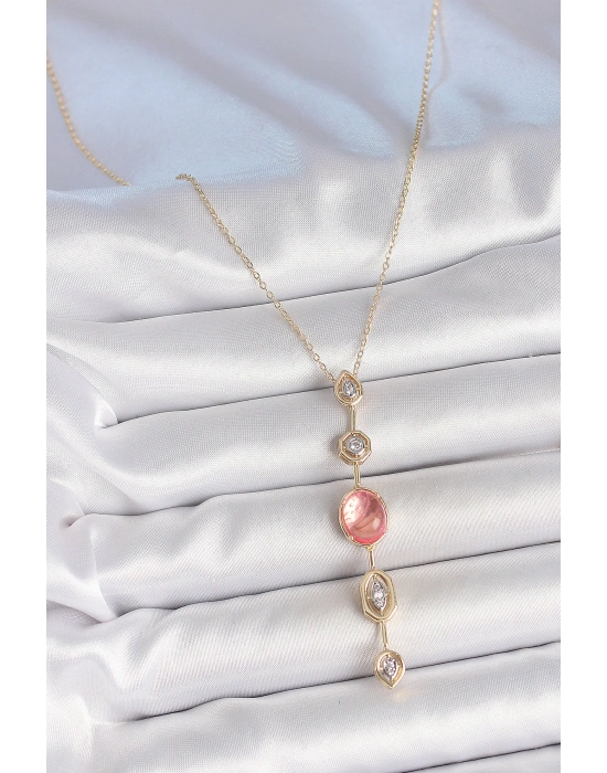 Pirinç Zincir Pembe Gold Renk Zirkon Taşlı Y Kolye