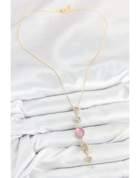 Pirinç Zincir Pembe Gold Renk Zirkon Taşlı Y Kolye