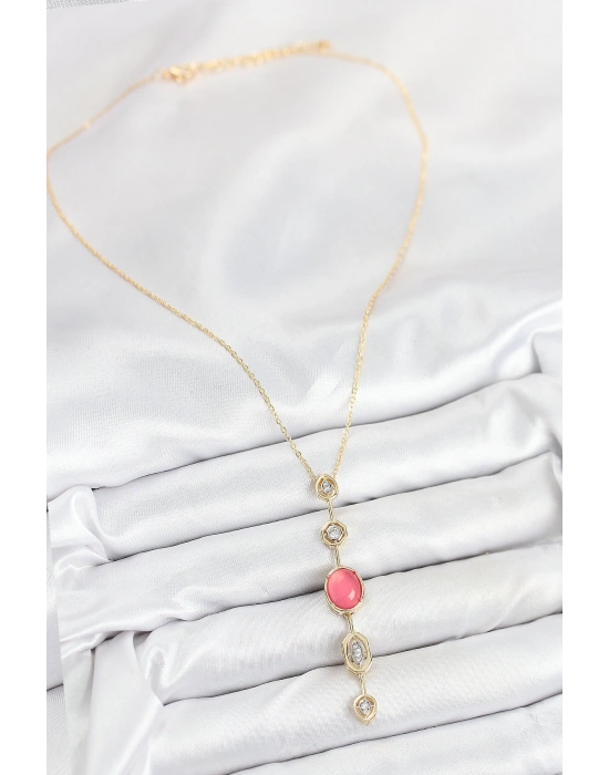 Pirinç Zincir Pembe Gold Renk Zirkon Taşlı Y Kolye