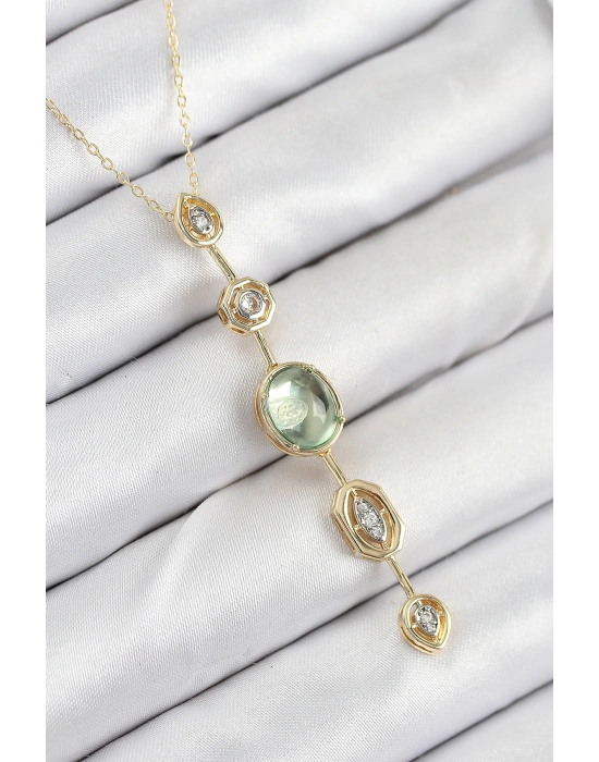 Pirinç Zincir Yeşil Gold Renk Zirkon Taşlı Y Kolye