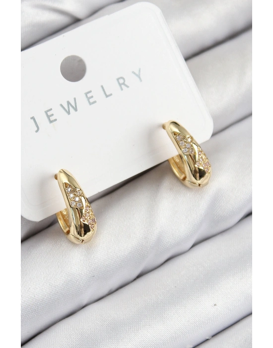 Pirinç Zirkon Taş Desenli Model Gold Renk Kadın Küpe