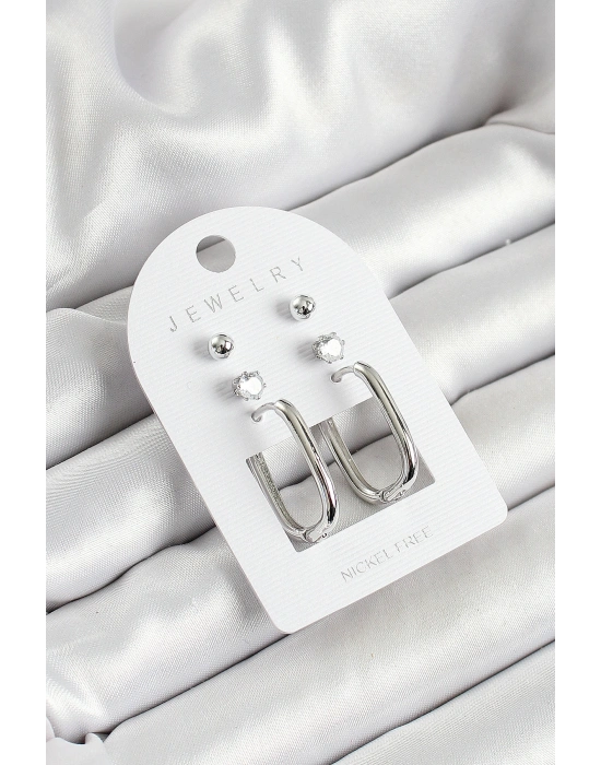 Pirinç Zirkon Taş Ve Dikdörtgen Figürlü Gümüş Renk 3lü Çift Kadın Küpe Set