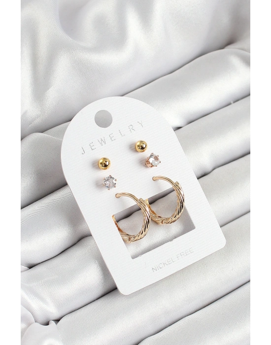 Pirinç Zirkon Taş Ve Halka Figürlü Gold Renk 3lü Çift Kadın Küpe Set