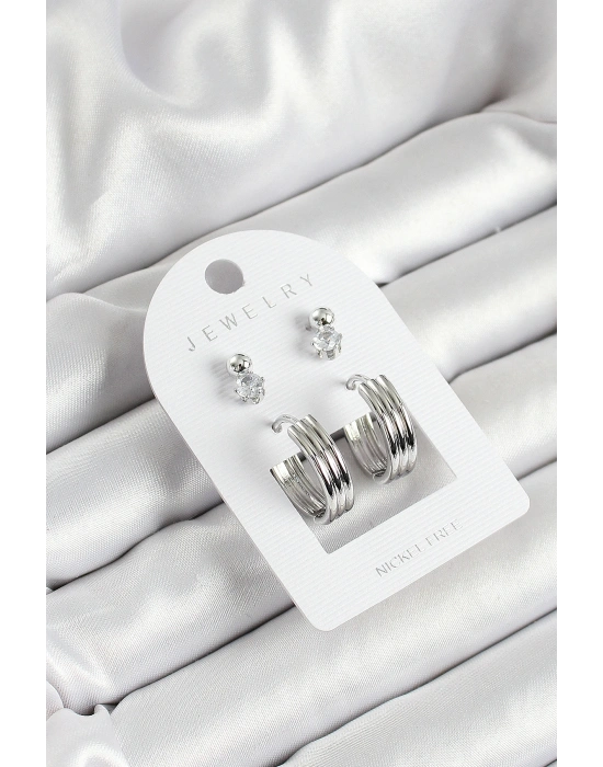 Pirinç Zirkon Taş Ve Halka Figürlü Gümüş Renk 3lü Çift Kadın Küpe Set