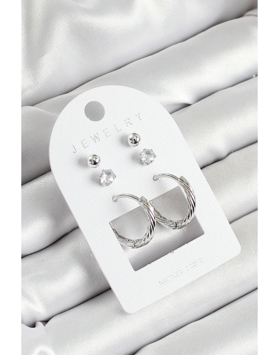 Pirinç Zirkon Taş Ve Halka Figürlü Gümüş Renk 3lü Çift Kadın Küpe Set