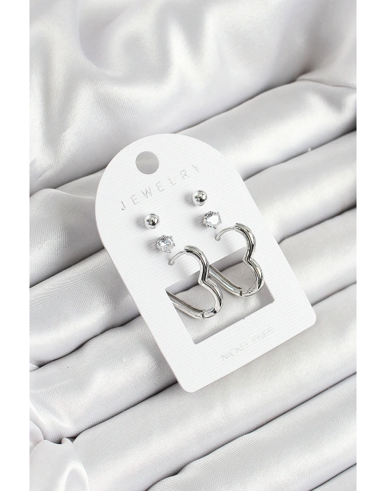 Pirinç Zirkon Taş Ve Kalp Figürlü Gümüş Renk 3lü Çift Kadın Küpe Set