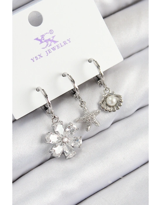 Pirinç Zirkon Taşlı 3lü Çiçek Ve İstiridye Model Gümüş Renk Kadın Küpe