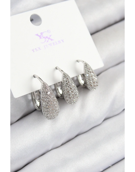 Pirinç Zirkon Taşlı 3lü Damla Model Gümüş Renk Kadın Küpe