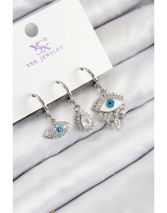 Pirinç Zirkon Taşlı 3lü Fatmanın Gözü Model Gümüş Renk Kadın Küpe