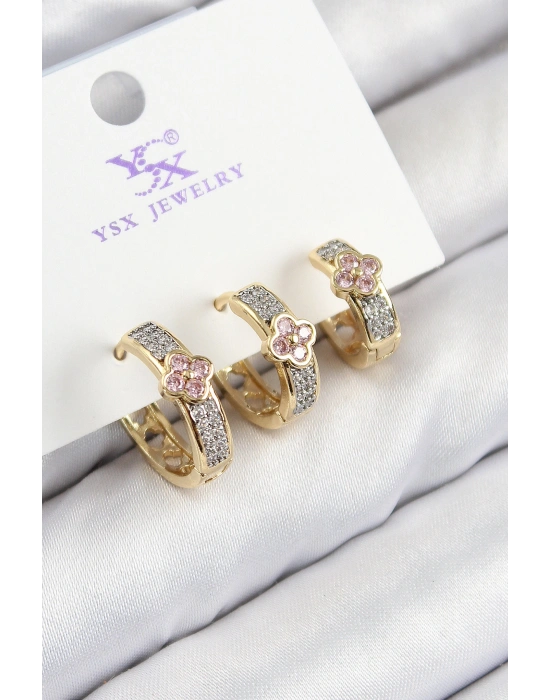 Pirinç Zirkon Taşlı 3lü Halka Yonca Model Gold Ve Gümüş Renk Kadın Küpe