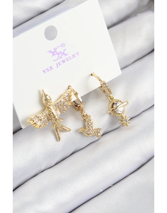 Pirinç Zirkon Taşlı 3lü Kuş Model Gold Renk Kadın Küpe