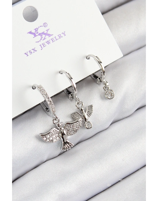 Pirinç Zirkon Taşlı 3lü Kuş Model Gümüş Renk Kadın Küpe