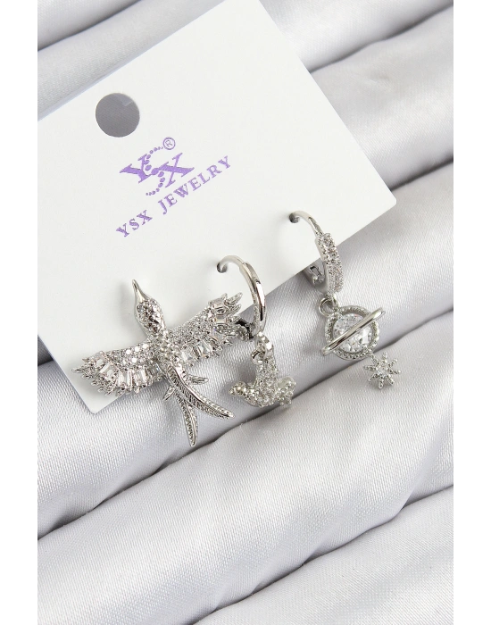 Pirinç Zirkon Taşlı 3lü Kuş Model Gümüş Renk Kadın Küpe