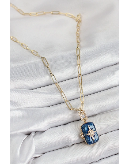 Pirinç Zirkon Taşlı Açılabilir Kutup Yıldızı Model Gold Renk Kadın Kolye