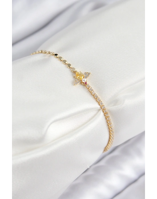 Pirinç Zirkon Taşlı Arı Model Ezme Zincir Gold Renk Kadın Bileklik