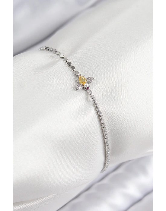 Pirinç Zirkon Taşlı Arı Model Ezme Zincir Gümüş Renk Kadın Bileklik