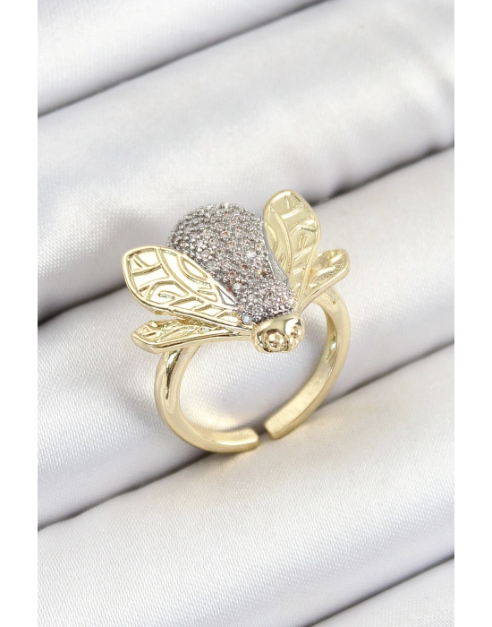 Pirinç Zirkon Taşlı Arı Model Gümüş Ve Gold Renk Kadın Yüzük