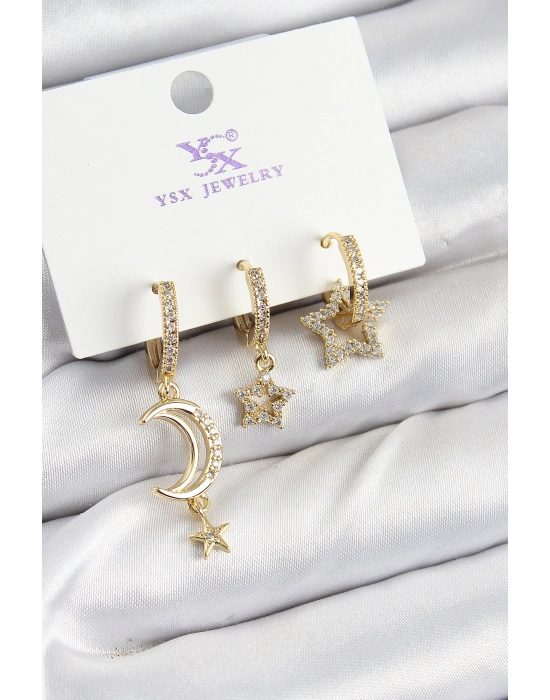 Pirinç Zİrkon Taşlı Ay Ve Hilal Model Gold Renk 3lü Kadın Küpe