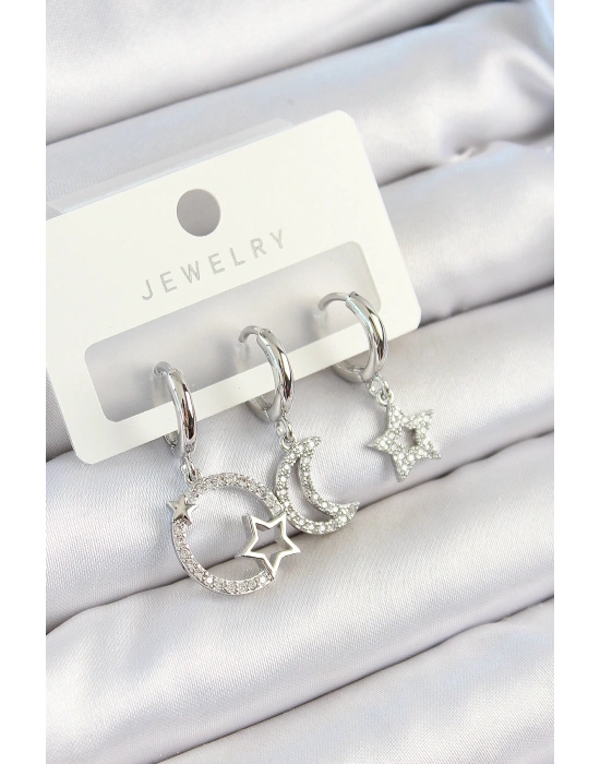 Pirinç Zirkon Taşlı Ay Ve Yıldız Model Gümüş Renk 3lü Çift Kadın Küpe Set