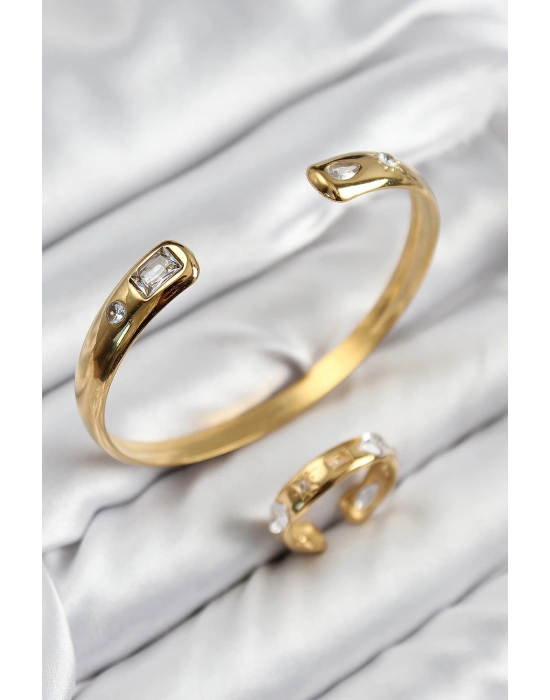 Pirinç Zirkon Taşlı Ayrık Model Gold Renk Bileklik Yüzük Set