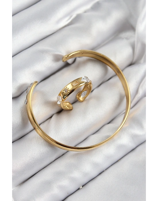 Pirinç Zirkon Taşlı Ayrık Model Gold Renk Bileklik Yüzük Set
