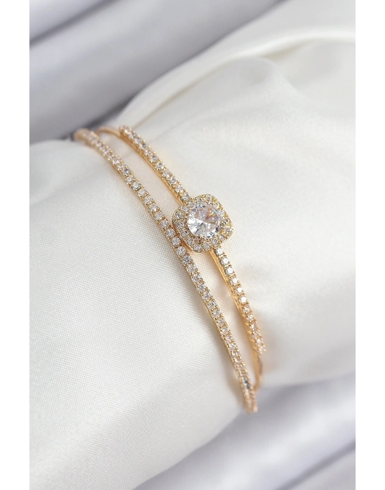 Pirinç Zirkon Taşlı Baget Model Gold Renk Kadın Bileklik