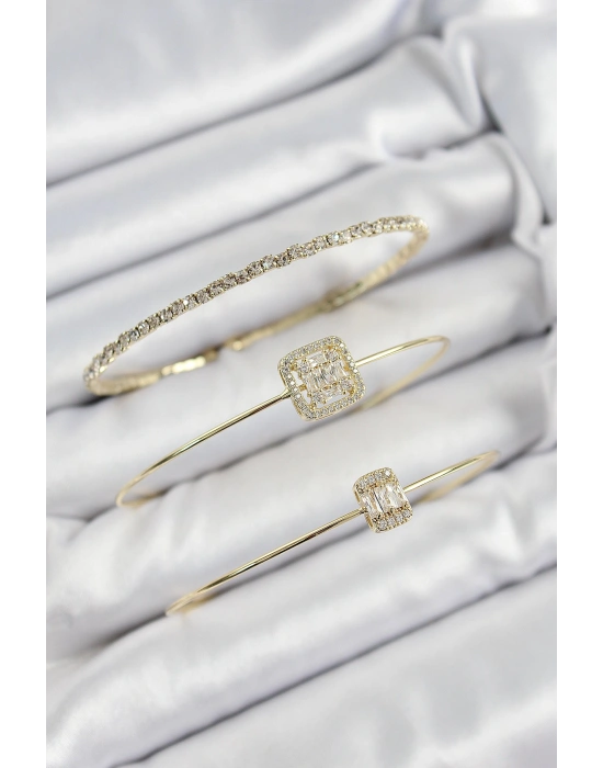 Pirinç Zirkon Taşlı Baget Model Gold Renk Vip 3lü Kadın Bileklik