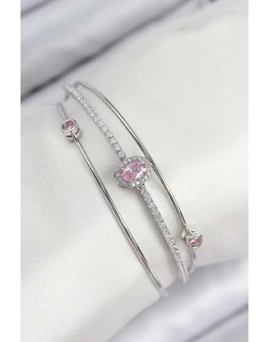 Pirinç Zirkon Taşlı Baget Model Gümüş Renk Kadın Bileklik