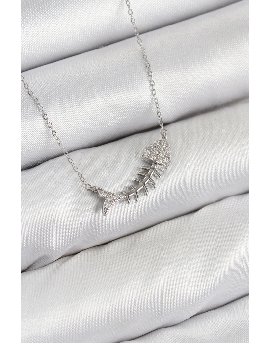 Pirinç Zirkon Taşlı Balık Kılçığı Model Gümüş Renk Kadın Kolye