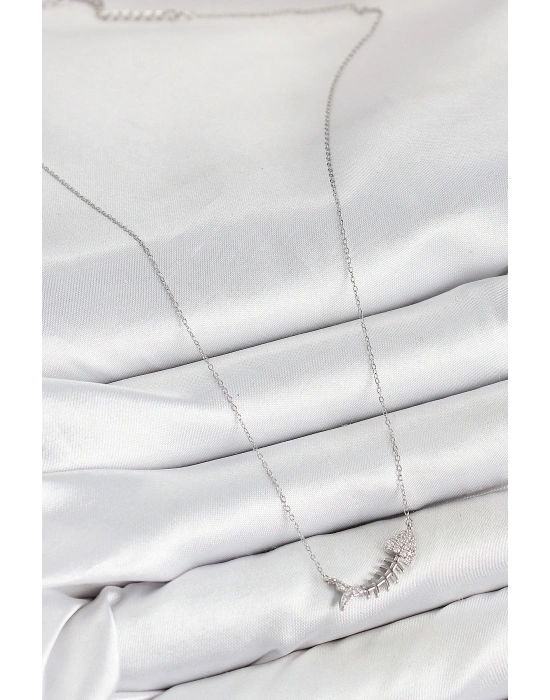 Pirinç Zirkon Taşlı Balık Kılçığı Model Gümüş Renk Kadın Kolye