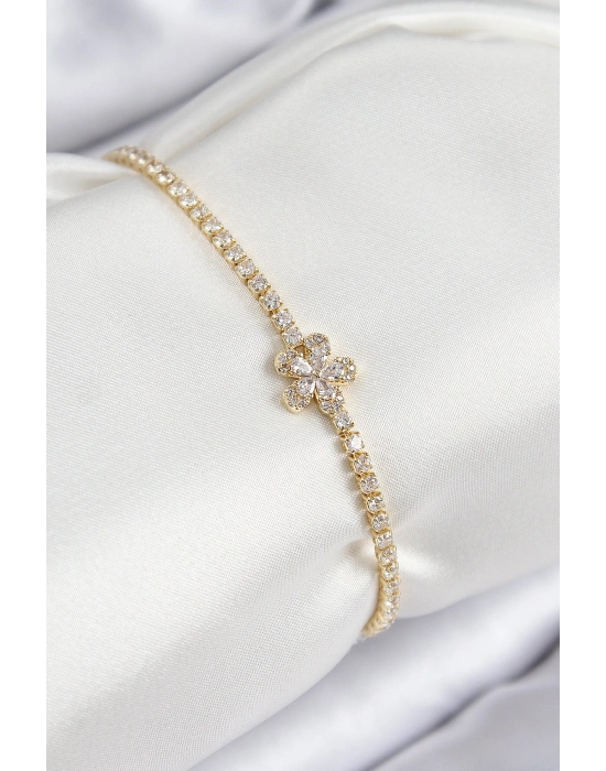 Pirinç Zirkon Taşlı Çiçek Model Gold Renk Kadın Bileklik